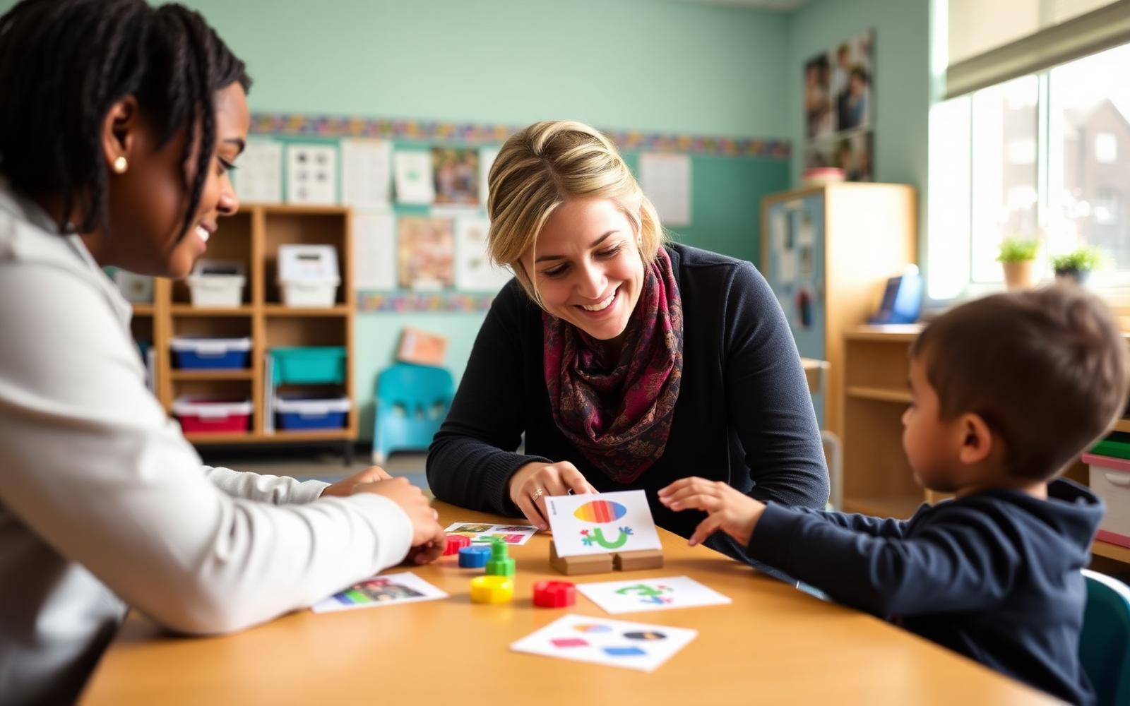 Warm teacher and young student learning together with visual cards and manipulatives in a classroom that uses ABA-informed practices