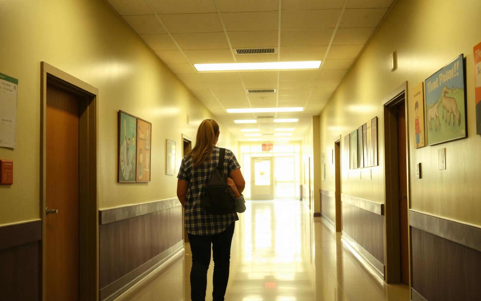 Parents and a child touring a bright welcoming private elementary school hallway in Byrnes Mill, Missouri, with student artwork on the walls