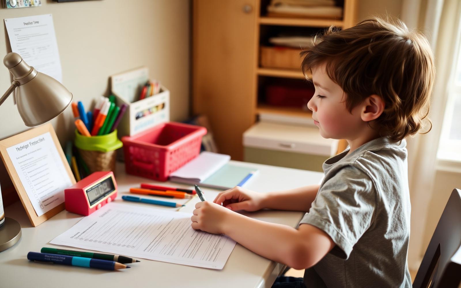 Elementary-age child working through a checklist at a home desk with a visual timer and organized supplies for building executive function skills