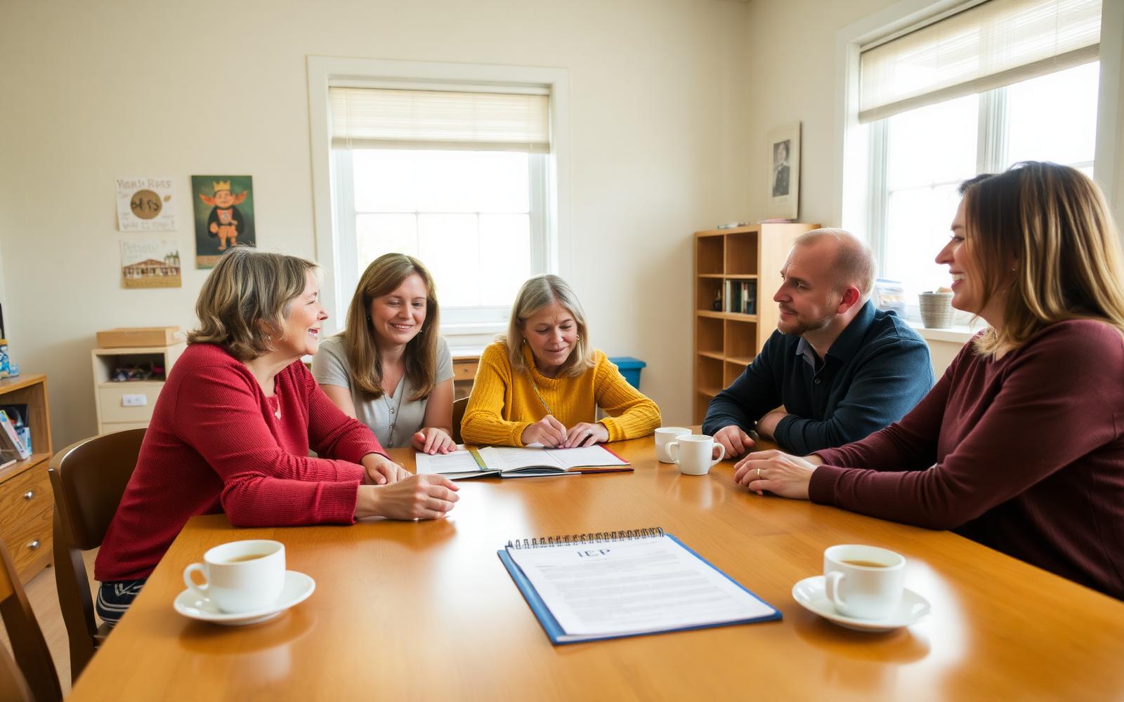 Parents and teacher meeting around a table with an open IEP document and notes at a private school in Missouri