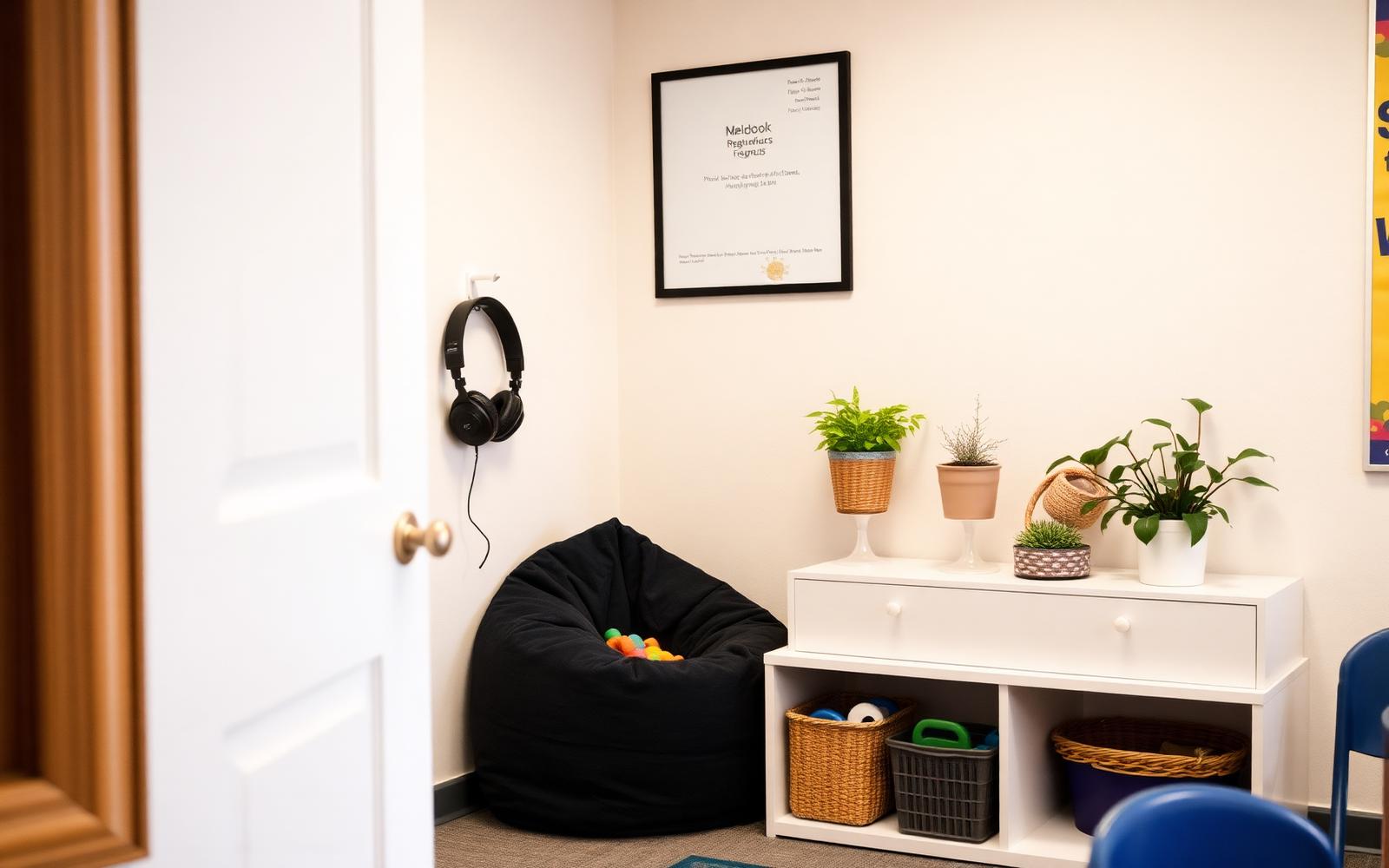 Peaceful sensory-friendly classroom corner with soft lighting, bean bag seating, and noise-reducing headphones for a calm learning environment