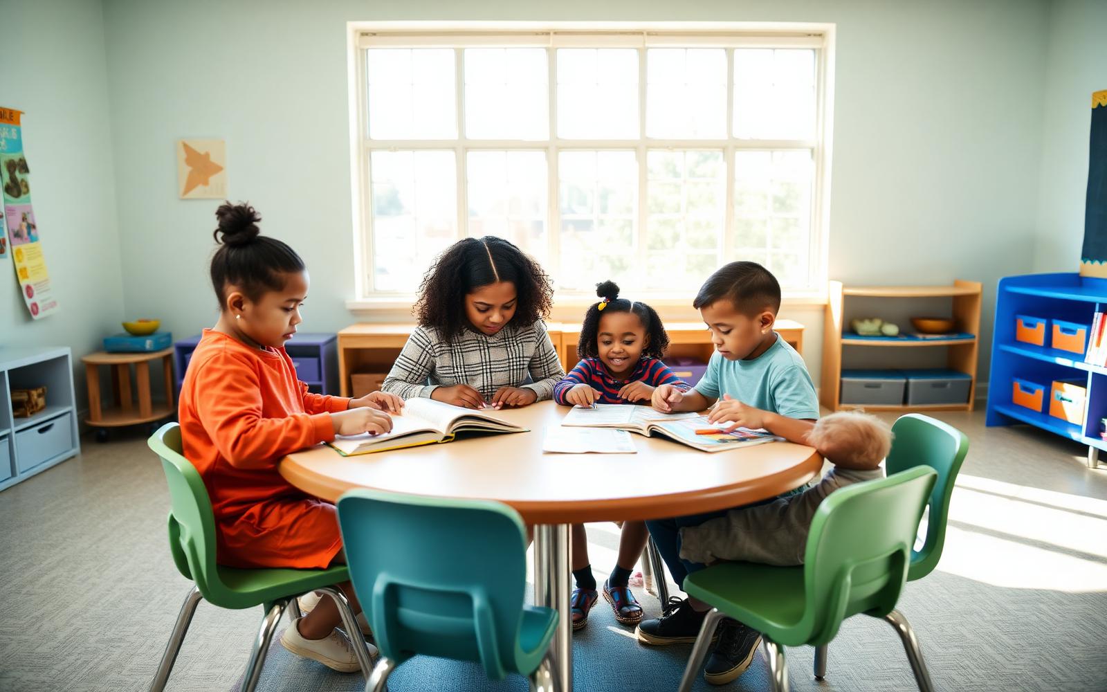 Small group of diverse elementary students learning together at a round table in a bright inclusive classroom in Byrnes Mill, MO